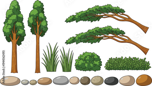 Forest trees bushes grass and stones set, landscape nature elements collection illustration, garden environment design pack, vector artwork