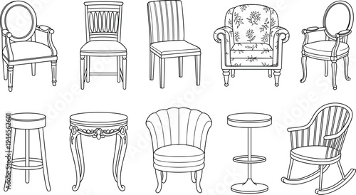 Furniture chair outline collection set, classic and modern seating line art icons, home interior furniture pack, design illustration