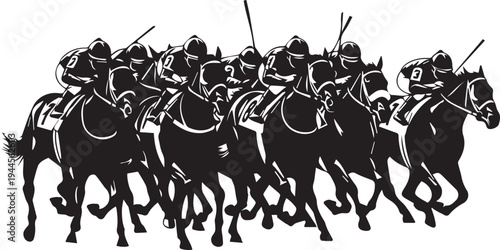 Group horse race silhouette vector illustration line art jockeys competing for the finish
