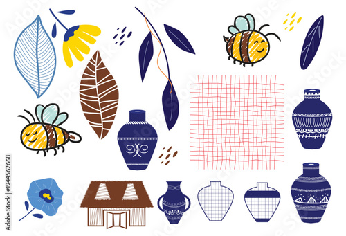 Hand drawn whimsical illustration featuring bees, pottery, and leafy patterns on a neutral background