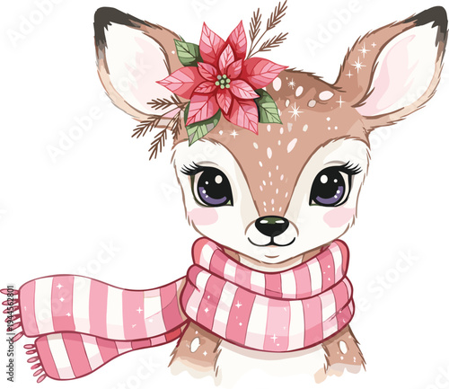 Cute baby deer portrait with pink scarf and poinsettia flower, adorable fawn character for Christmas, winter holiday vector illustration, woodland animal card