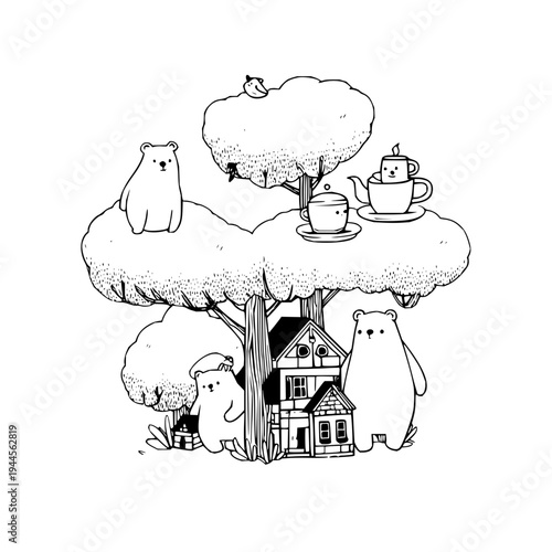 Polar Bears Around Tree with House and Tea Set