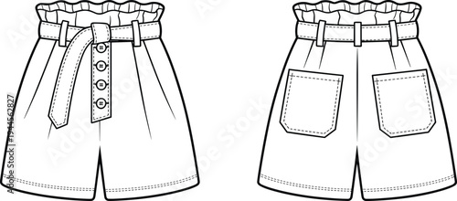 Paperbag Waist Belted Shorts CAD Drawing Flat Vector Illustration, Front and Back Technical Fashion Template Casual Summer Design