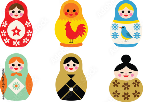 Russian matryoshka dolls colorful collection set, traditional nesting doll characters illustration, folk art toy design, vector icons