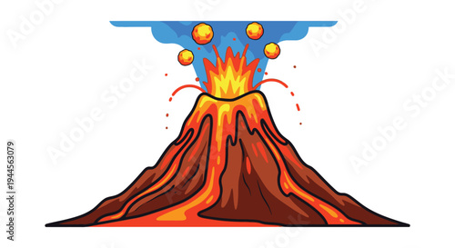 Cartoon illustration of a volcano erupting with lava and fiery explosions