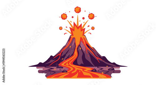 Cartoon illustration of a volcano erupting with lava and fiery explosions