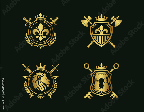 Premium Golden Heraldic Crests Collection - Luxury Shield Logo Pack with Lion, Fleur De Lis, Sword and Key symbols