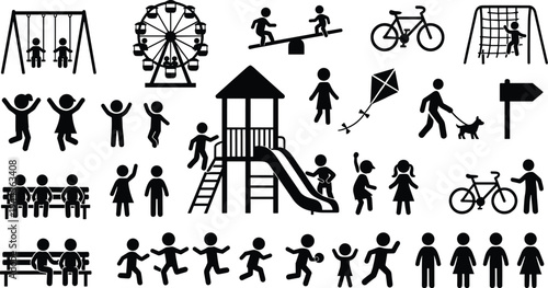 Collection of playground and park activity icons featuring children playing on swings, slide, seesaw, bicycle riding, kite flying, ferris wheel, benches and family leisure scenes