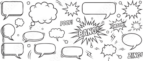 Comic speech bubbles and text.
