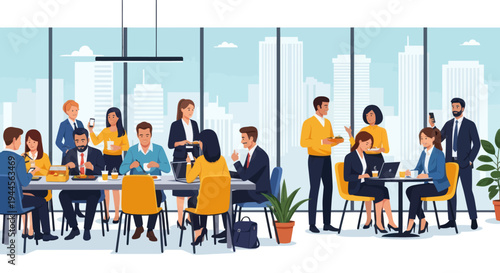 Diverse colleagues enjoy lunch break in modern office cafeteria with city view