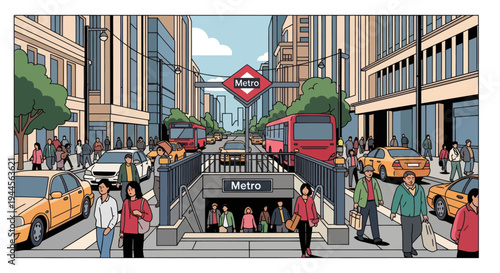 Busy city street with metro station entrance, traffic, and pedestrians
