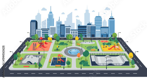 Vibrant City Park with Playgrounds and Skatepark, Urban Landscape Illustration