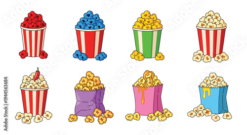 Colorful buckets filled with various types of popcorn and treats