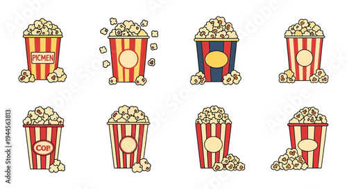 Colorful buckets filled with various types of popcorn and treats