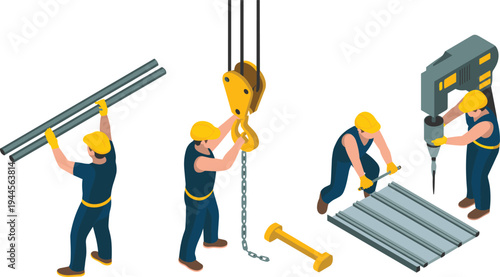 Industrial construction workers lifting steel pipes, operating crane hook and drilling metal beams in engineering workshop isometric vector illustration