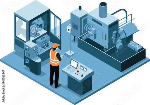 Industrial factory production line with automated machines and operator controlling equipment manufacturing process modern plant isometric vector illustration