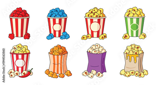 Colorful buckets filled with various types of popcorn and treats
