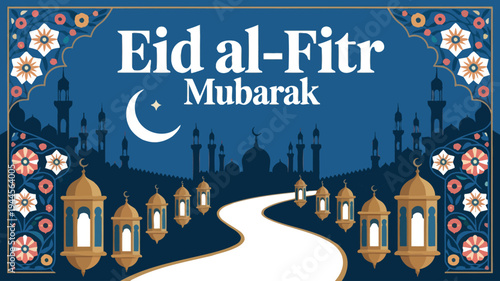 Eid al Fitr Mubarak with Mosque, Lanterns, and Floral Design