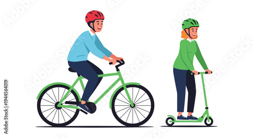 Two young people enjoying outdoor recreation with a bicycle and scooter