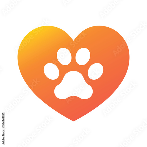 Pet paw in gradient heart vector logo flat symbol on white background. Cat or dog paw, love animal silhouette icon. Veterinary medicine concept.