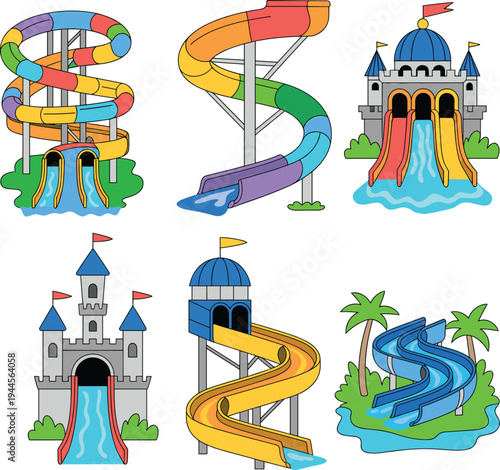 Colorful Cartoon Water Park Slides Collection with Spiral and Tower Slides, Kids Splash Pools and Tropical Aquapark Attractions for Summer Family Recreation Design
