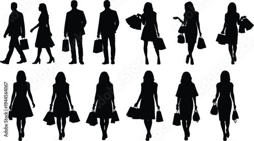 Large collection of black silhouettes featuring men and women walking with shopping bags isolated on white background, retail and consumerism vector illustration for commerce.