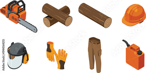 Lumberjack equipment set with chainsaw logs safety helmet gloves protective gear forestry tools isometric vector illustration collection