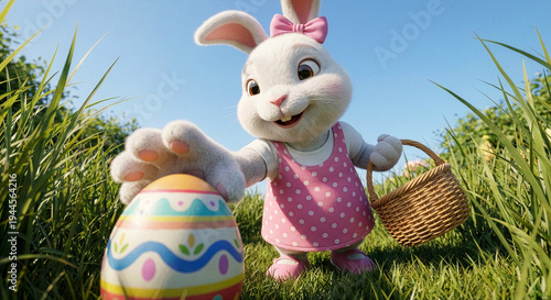 Cute Bunny in Pink Dress Hunting Easter Egg Festive Spring Illustration with Basket