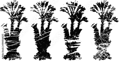 Silhouettes of tied bunches of herbs with leaves on stems, natural organic plant bundles in black and white