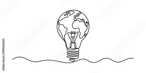 A continuous line drawing illustrates a light bulb where the bulb part is replaced by a globe. Vector, illustration