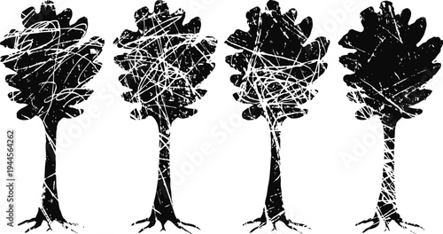 Abstract black silhouette trees with tangled white lines in varied patterns on trunks and foliage set