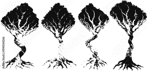 abstract black trees with twisted trunks and detailed roots silhouette isolated on white background
