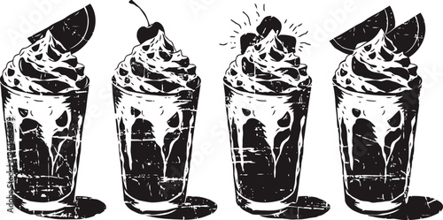 four whipped cream dessert drinks with cherries and citrus garnish in glasses