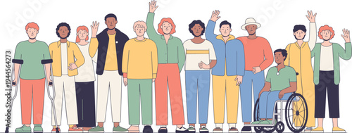 Diverse inclusive group of people standing together including disabled person in wheelchair equality community illustration concept