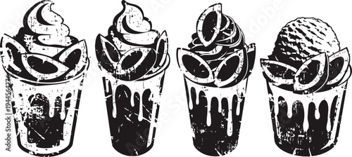 Four vintage ice cream sundaes with fruit toppings and drizzled sauce illustration