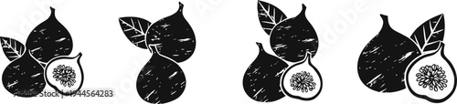 black fig silhouettes with leaves and half figs showing seeds set of stylized fruit icons with natural elements