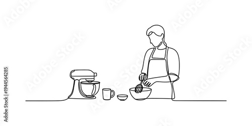 Continuous line drawing of a person baking with a stand mixer and whisk on a kitchen counter Vector, illustration