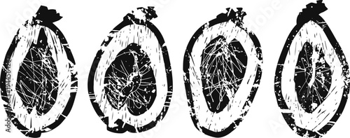 stylized black and white avocado halves four artistic fruit illustrations with textures and seed variations