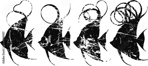 silhouettes of tropical angelfish with textured grunge effect and circular swirls
