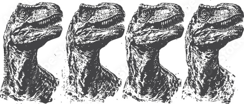 illustrated vintage dinosaur head set, t rex profile in monochrome sketch
