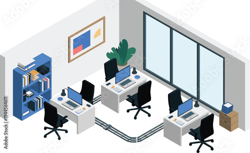 Modern office workspace interior with desks computers chairs bookshelf large windows and plants corporate workplace isometric vector illustration