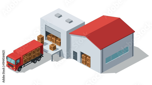 Isometric illustration of a red truck loading brown packages into a gray warehouse with a red roof against a white background.
