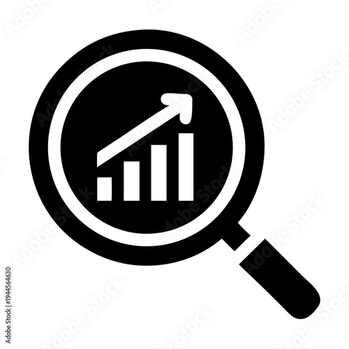 Magnifying glass analyzing upward trending bar graph for business growth and success isolated on transparent background
