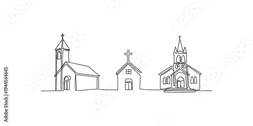 Continuous line drawing of three church buildings with crosses on steeples against a white background. Vector, illustration