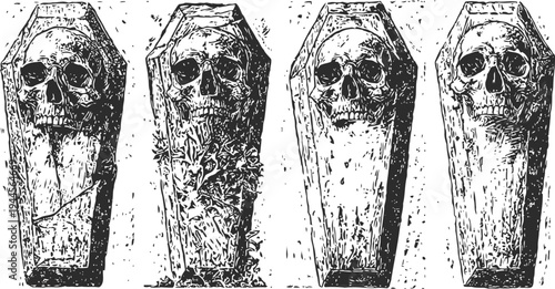 Vintage hand drawn coffins with skulls illustration in gothic horror style, spooky halloween design