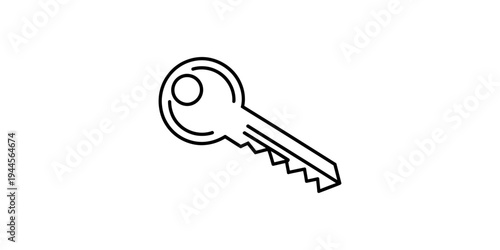A simple line art illustration of a metal key with a serrated blade and circular head on a white background Vector, illustration
