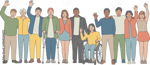 Diverse inclusive group of people with disabilities standing together wheelchair and crutches equality community illustration concept