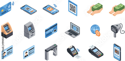 Digital payment and banking technology icons set with ATM POS terminal QR code mobile wallet contactless card finance vector
