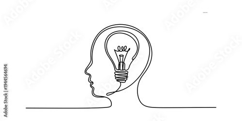 Continuous line drawing of a human head silhouette with a light bulb inside, symbolizing a new idea. Vector, illustration