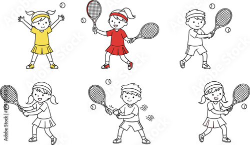 Cartoon children playing tennis illustration, dynamic sports vector design, young athletes with rackets, tennis ball motion icon, colorful healthy lifestyle isolated graphic art